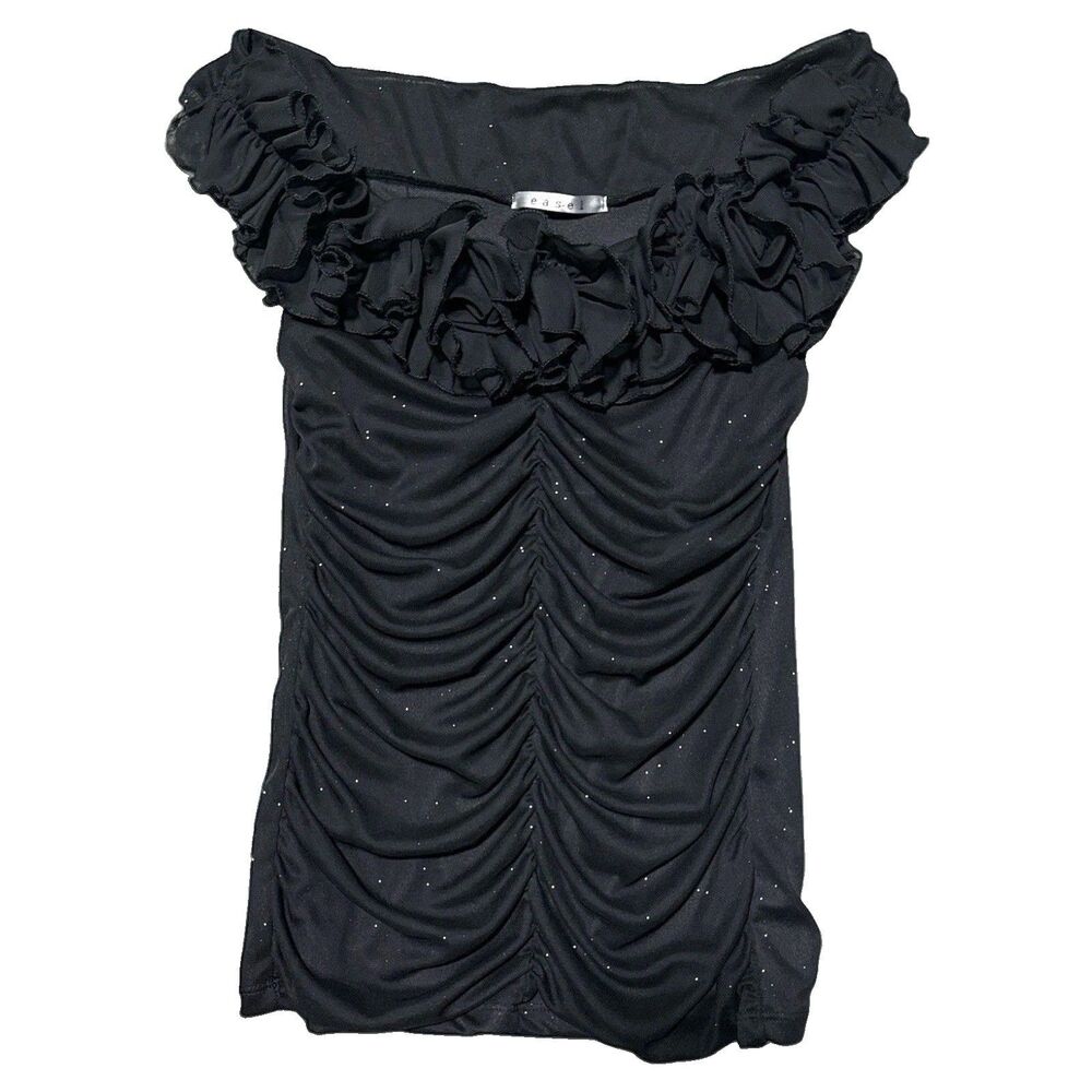 Easel Off Shoulder Top M Black Ruched Ruffle Sparkle Stretch Blouse Made USA